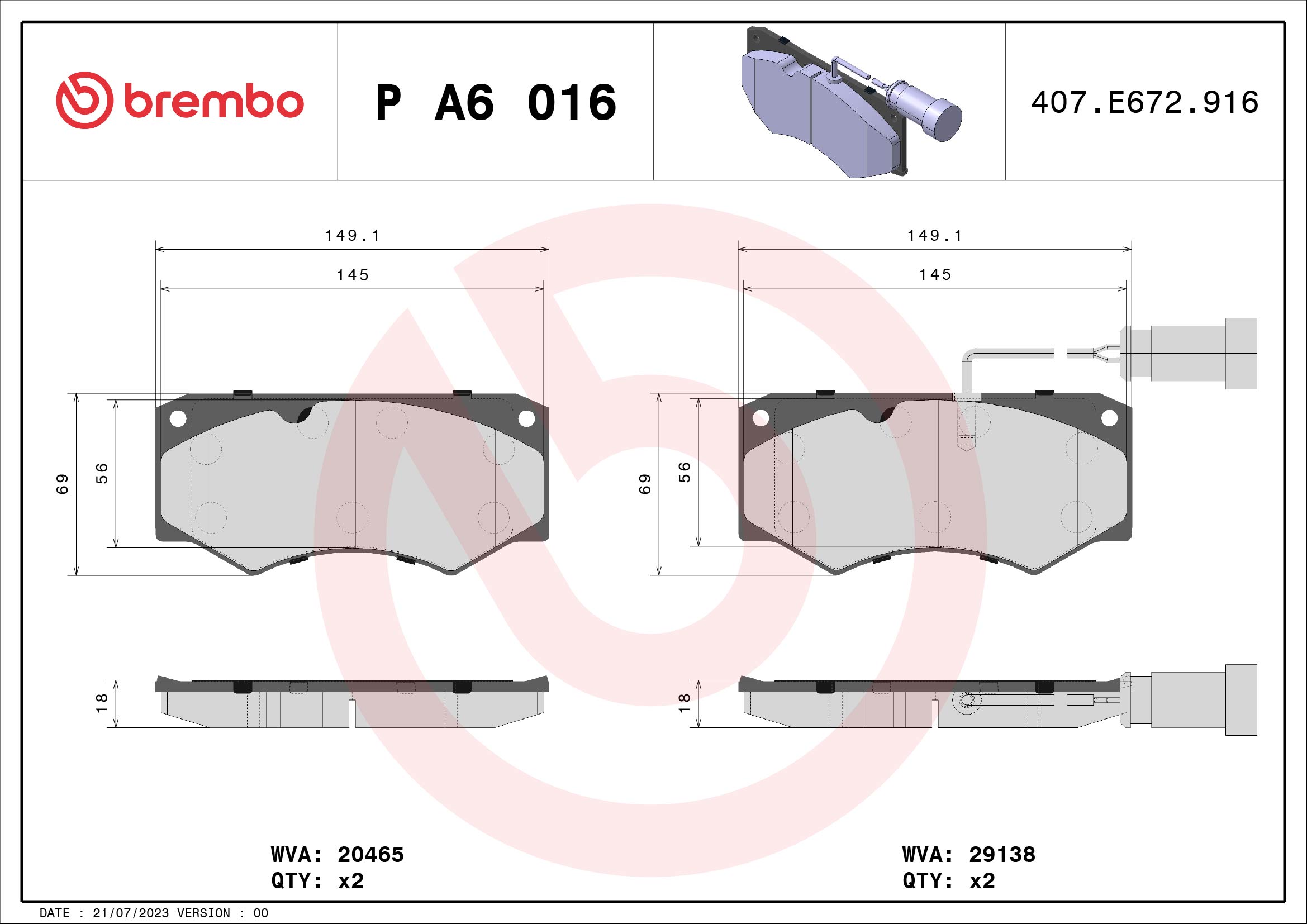 A.B.S. P A6 016 BREMBO Bremsbelagsatz, Scheibenbremse